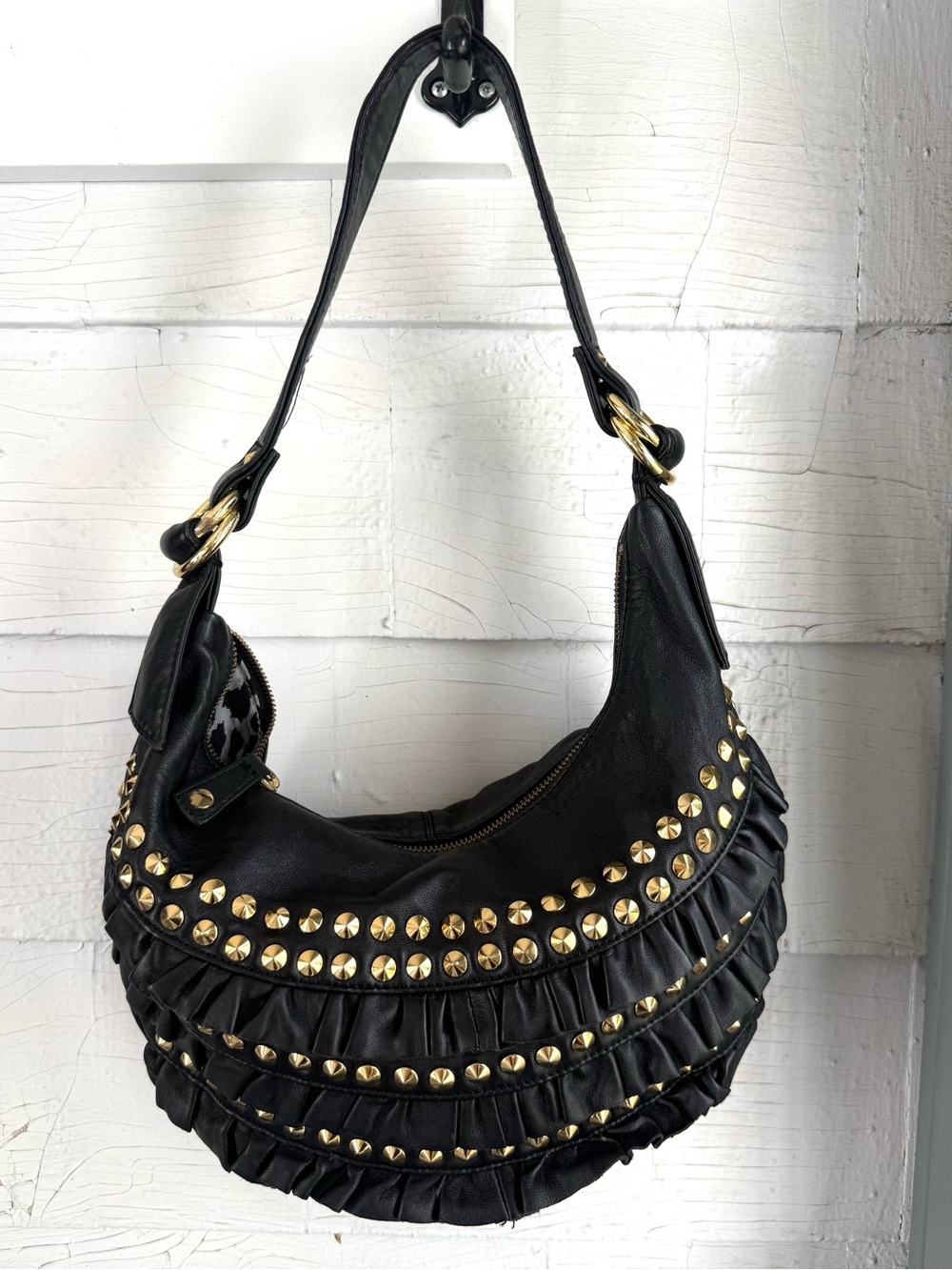 Betsey Johnson Studded Ruffle Leather Hobo Bag